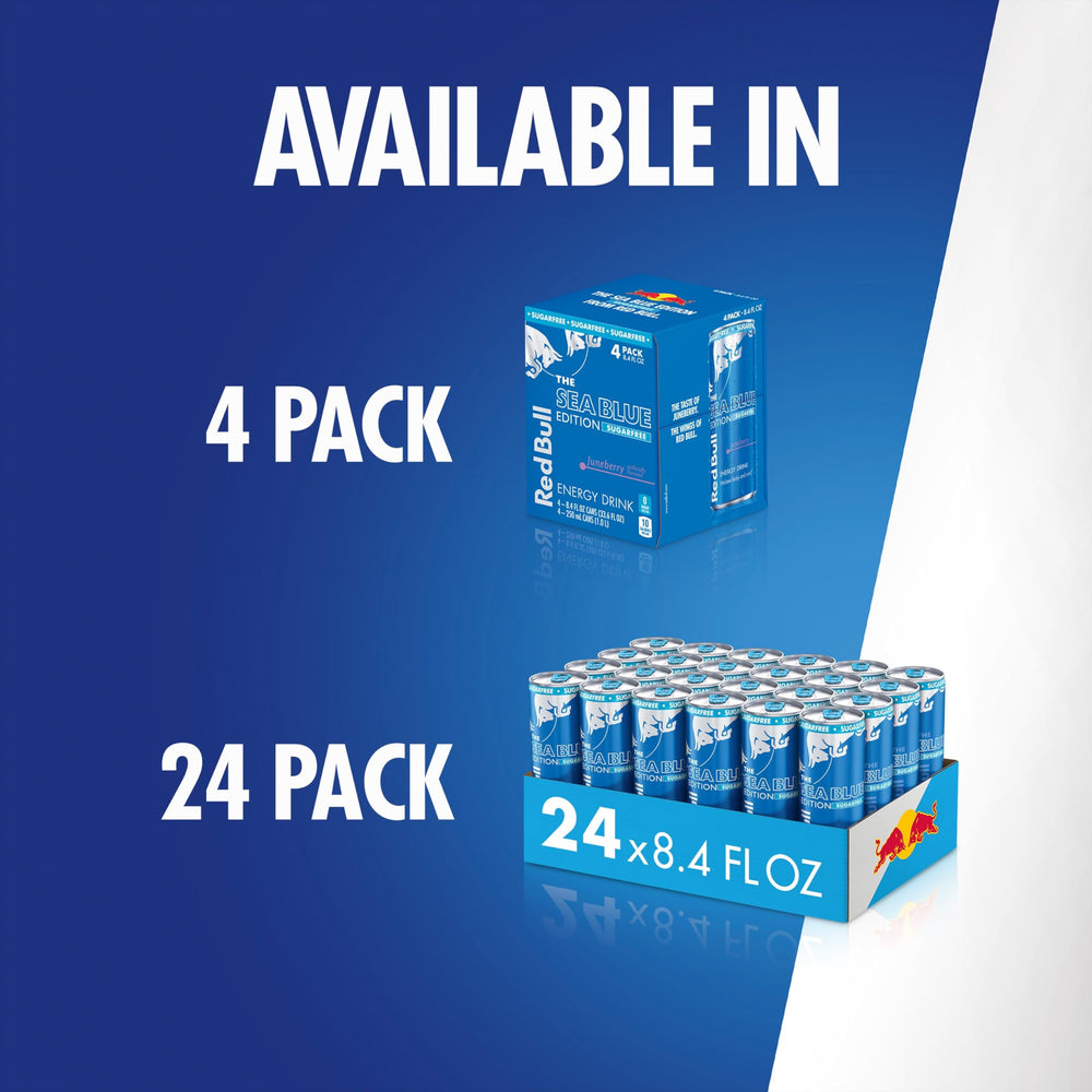 Red Bull Sea Blue can beside common items to show 8.4 fl oz serving size