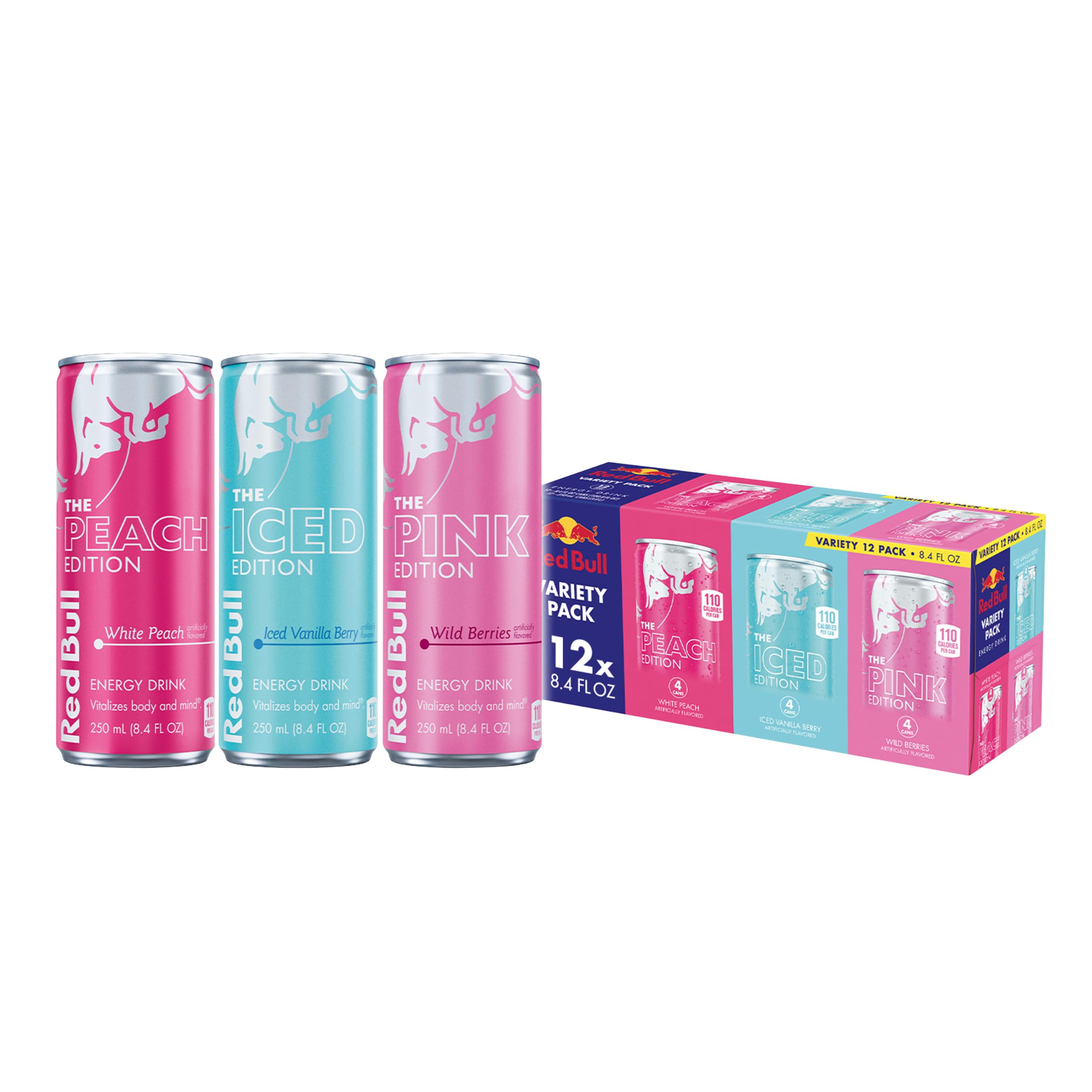 Red Bull variety pack front box showing three edition cans and convenience