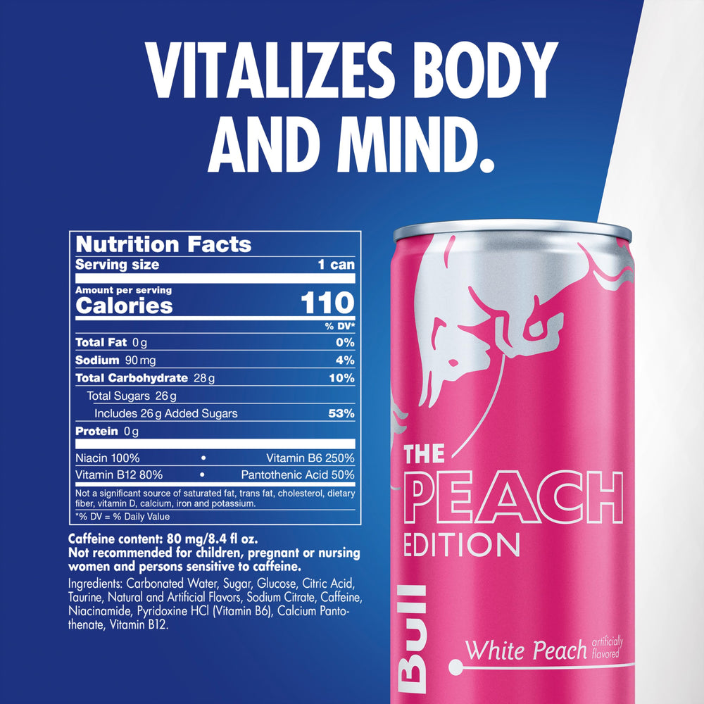 Close-up of peach artwork on Red Bull White Peach can highlighting fruity aroma