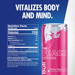 Close-up of peach artwork on Red Bull White Peach can highlighting fruity aroma