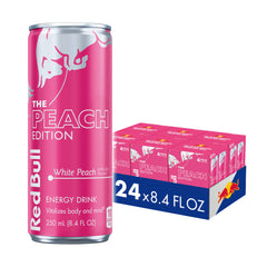 Red Bull White Peach front can showing brand and vibrant peach flavor benefits