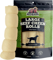 Redbarn package front view showing beef cheek rolls and benefits