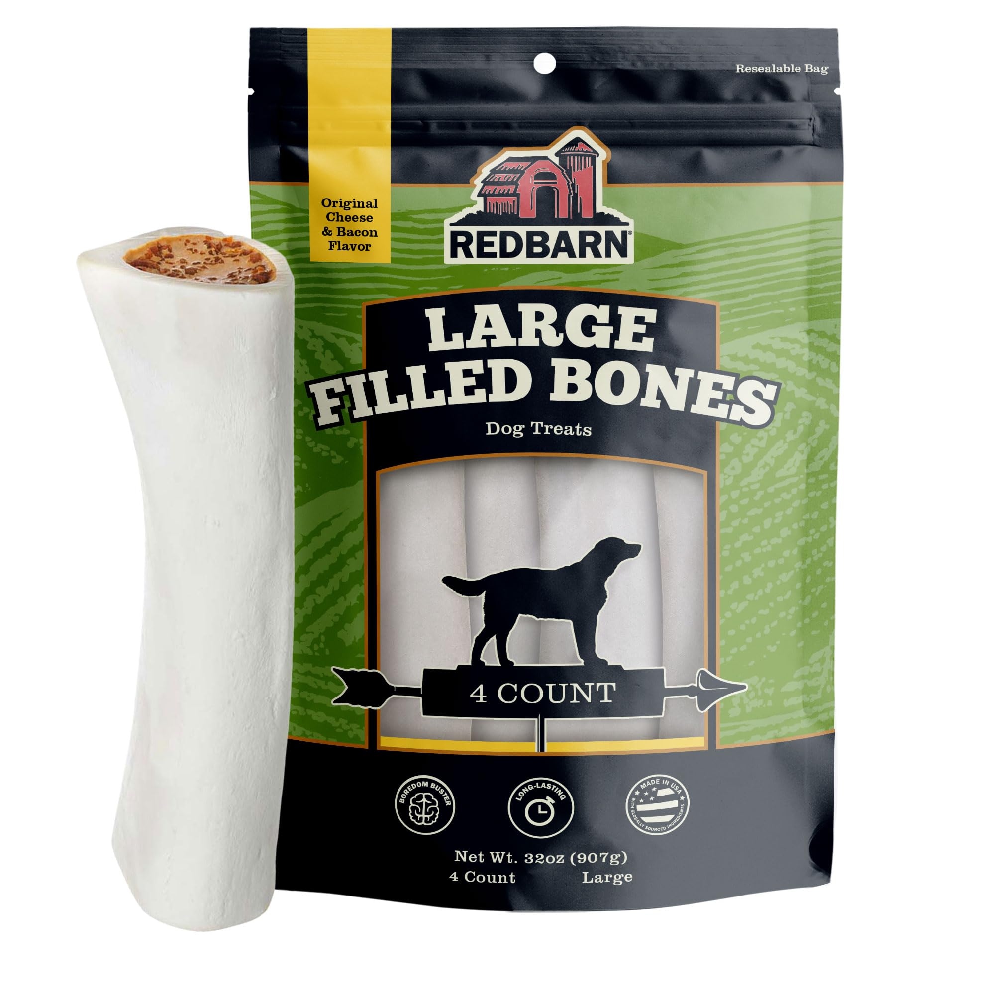 redbarn filled femur front packaging showing product and benefit long-lasting chew