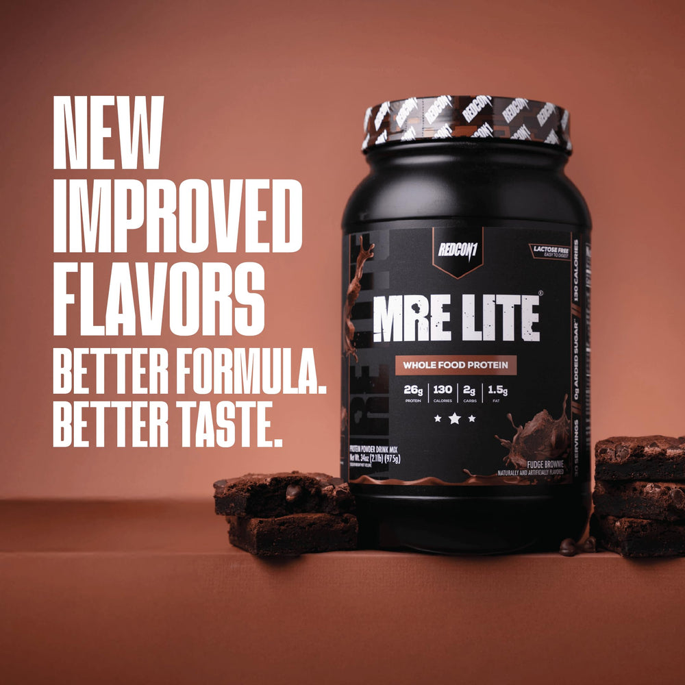 REDCON1 MRE LITE ingredient spread with beef, fish, egg, rice, pea showing diverse proteins