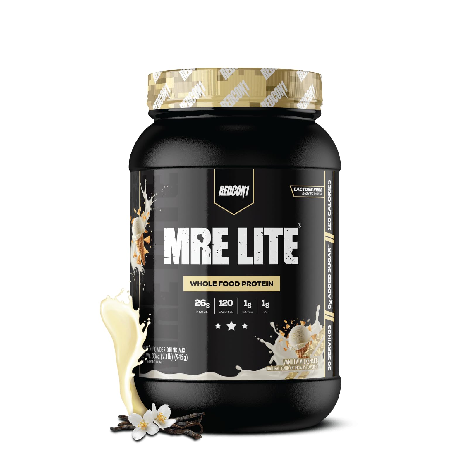 REDCON1 front packaging of MRE LITE Vanilla Milkshake showing product benefits