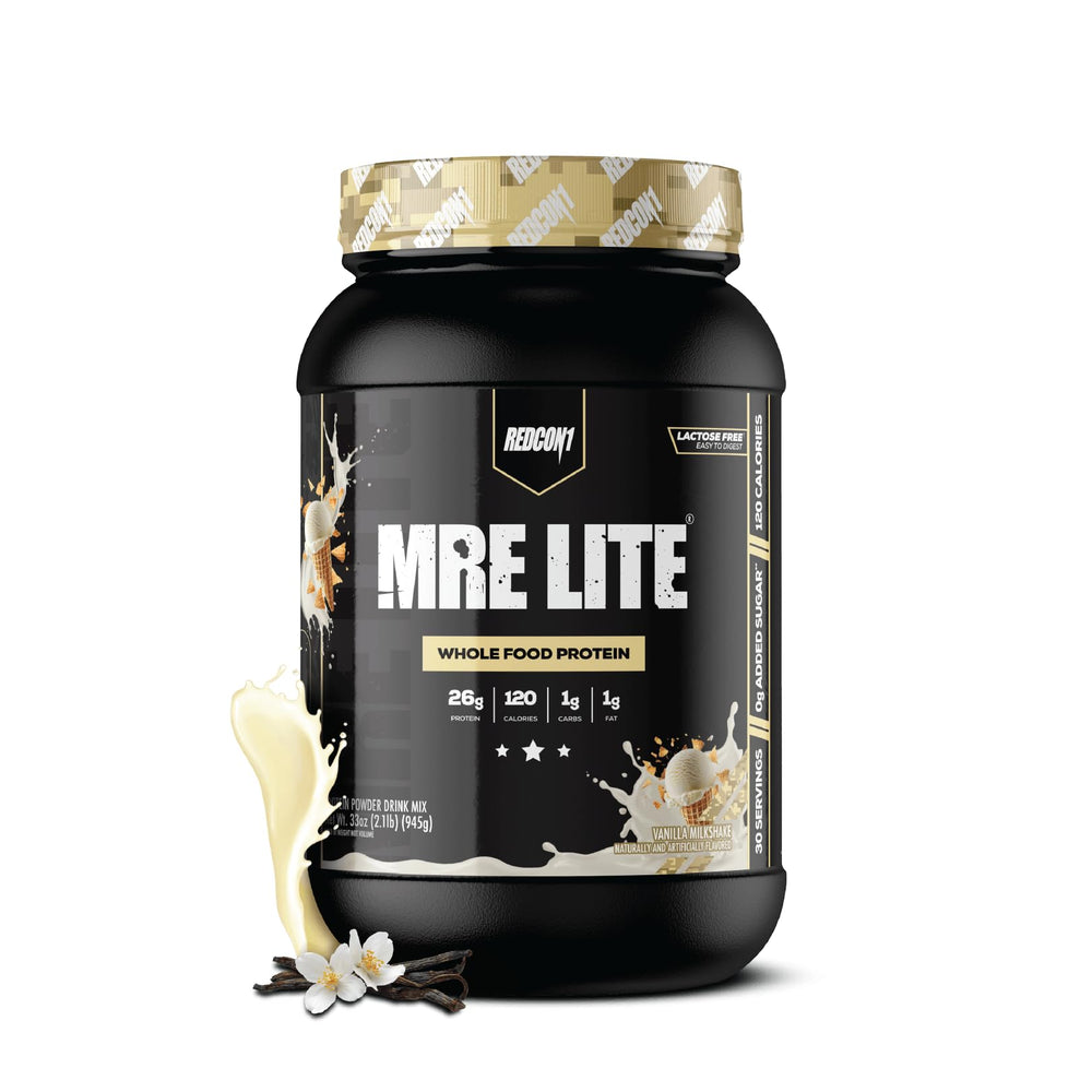 REDCON1 front packaging of MRE LITE Vanilla Milkshake showing product benefits