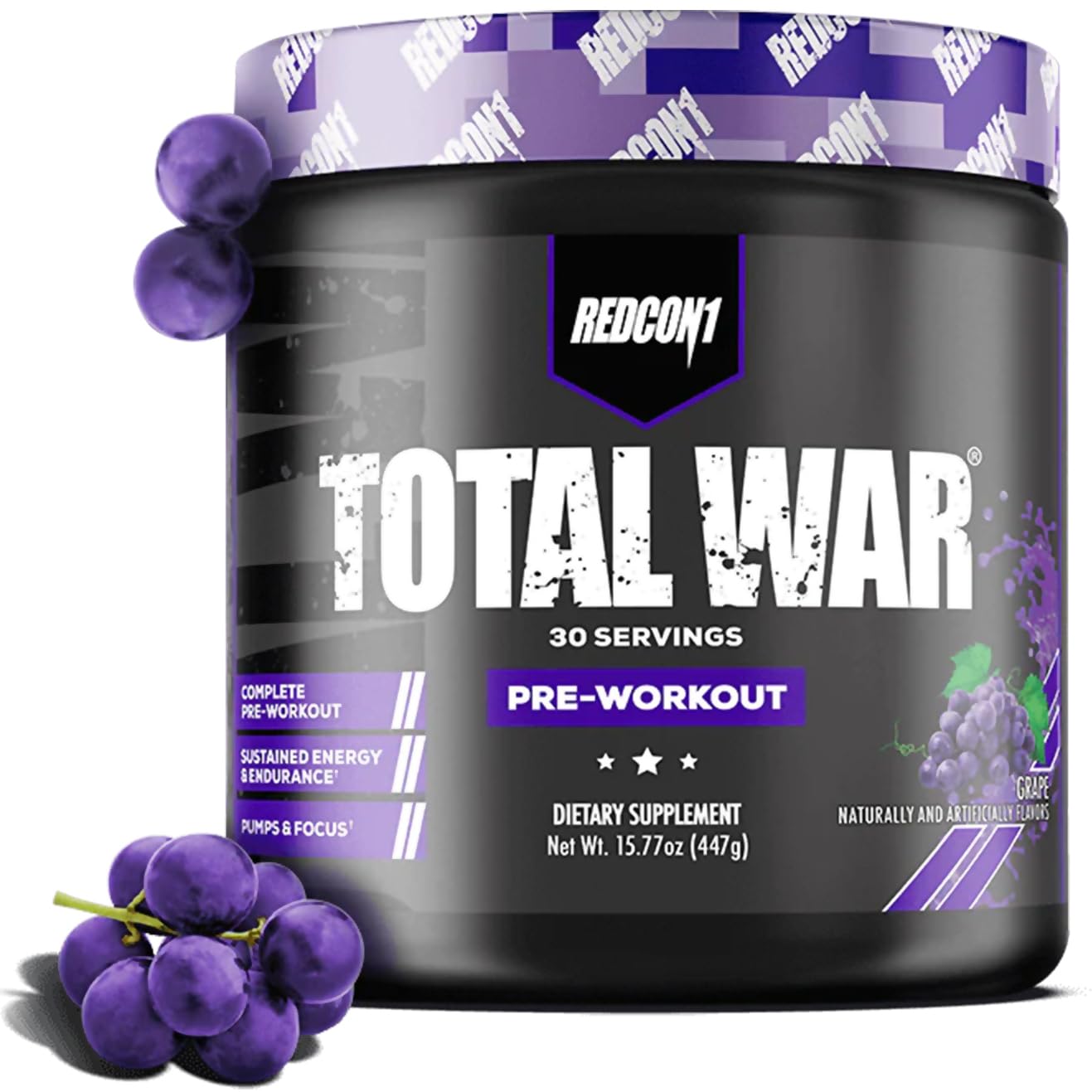 REDCON1 Total War front tub showing grape flavor and servings for quick recognition and benefit