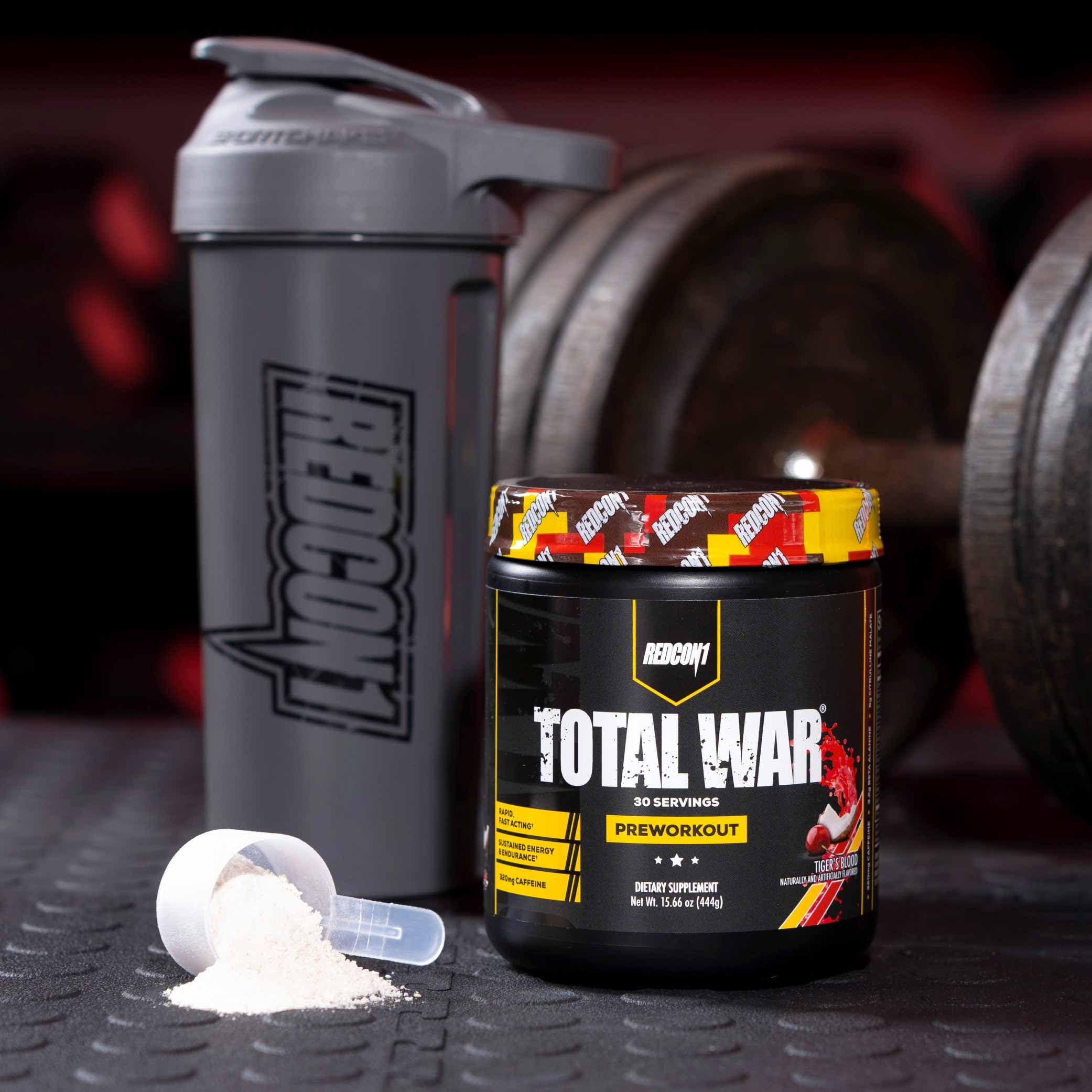 REDCON1 Total War tub on a gym bench creating a training-ready scene that promotes motivation