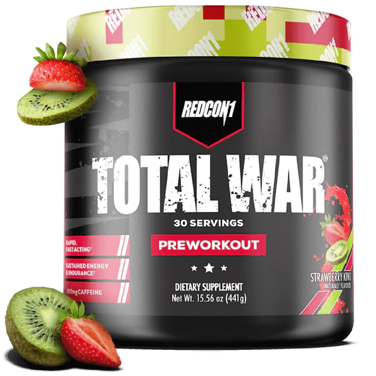 REDCON1 tub front view showing label and flavor, highlights clear product identity