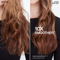 Redken before and after hair strands showing strengthened reduced breakage