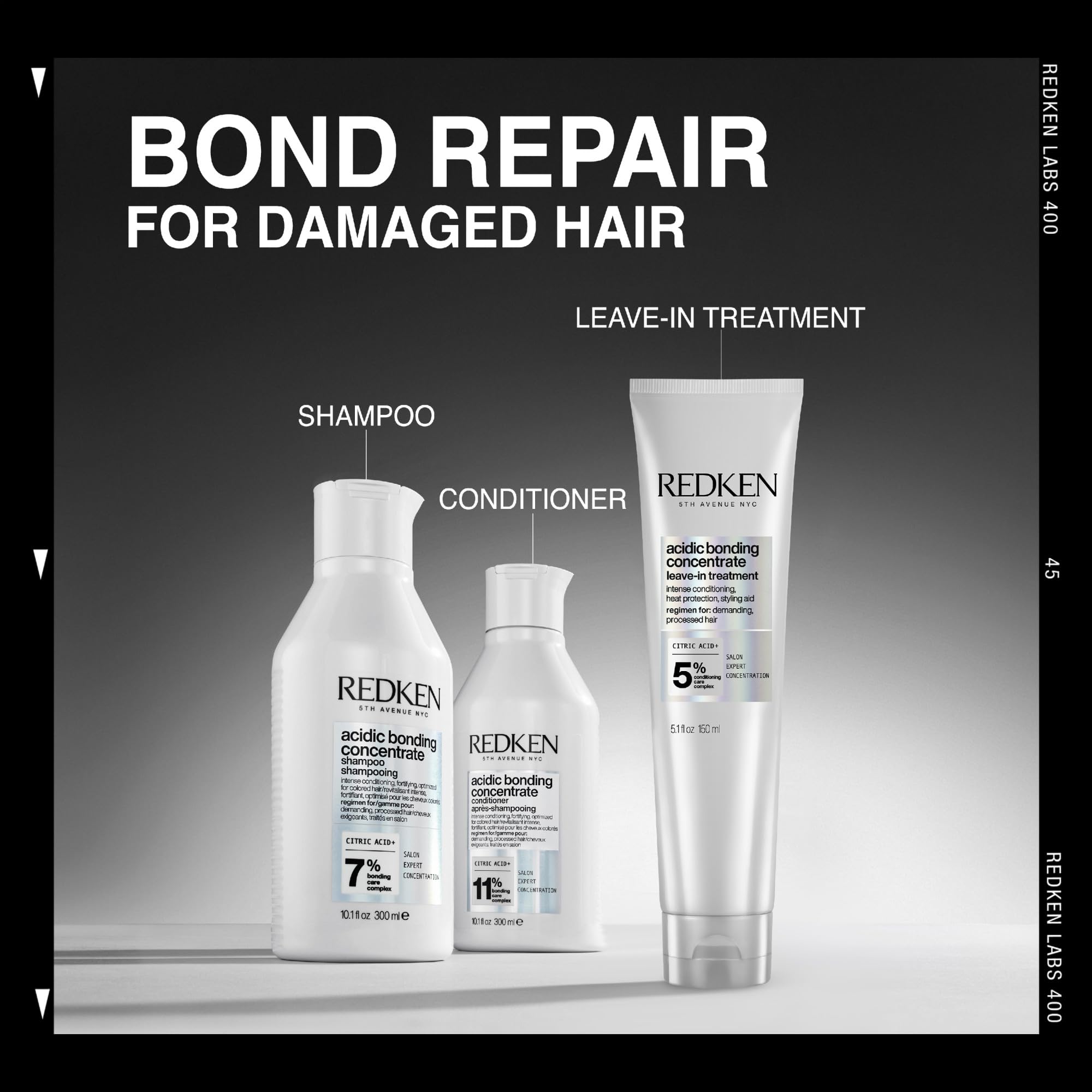 Salon shelf display of Redken Acidic Bonding line promoting professional strength