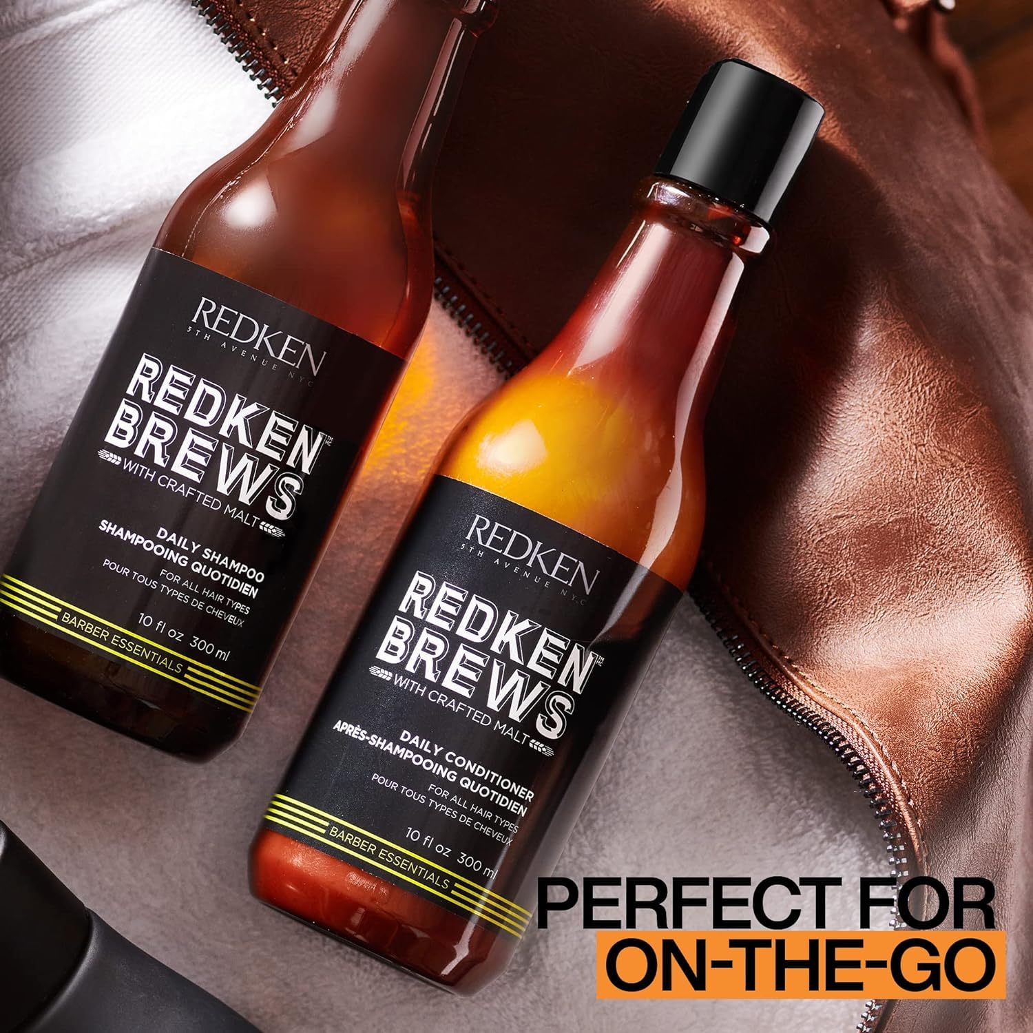 Redken Brews bottle beside a ruler indicating compact, travel-friendly size