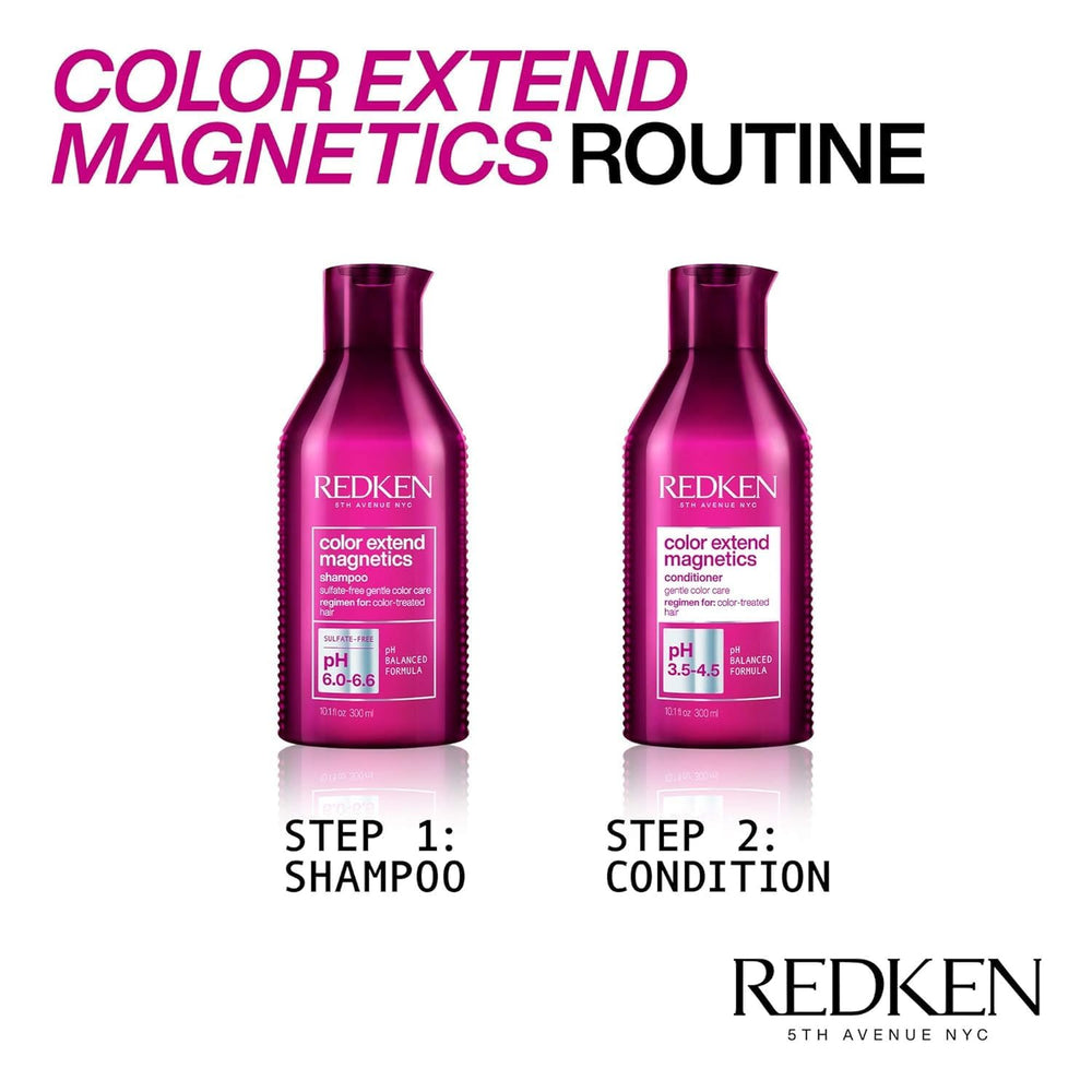 Redken Color Extend Magnetics bottle on bathroom shelf illustrating salon-level at-home care