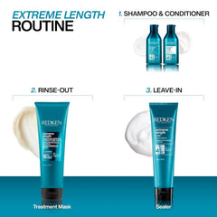 Redken Extreme Length bottle on bathroom shelf suggesting salon-grade results