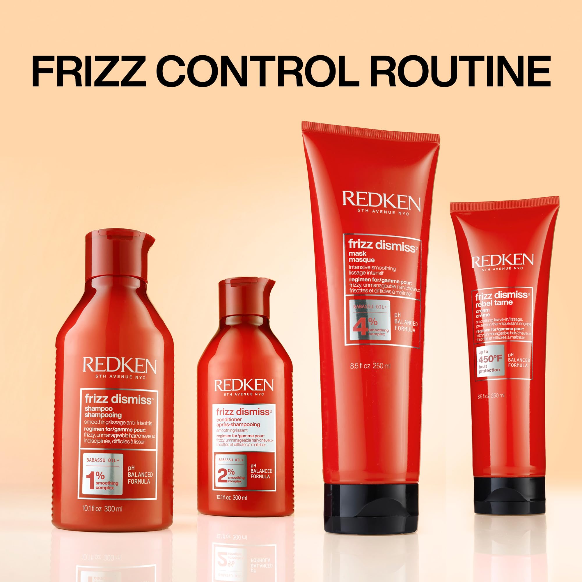 Side-by-side before and after with Redken Frizz Dismiss showing reduced frizz and increased shine