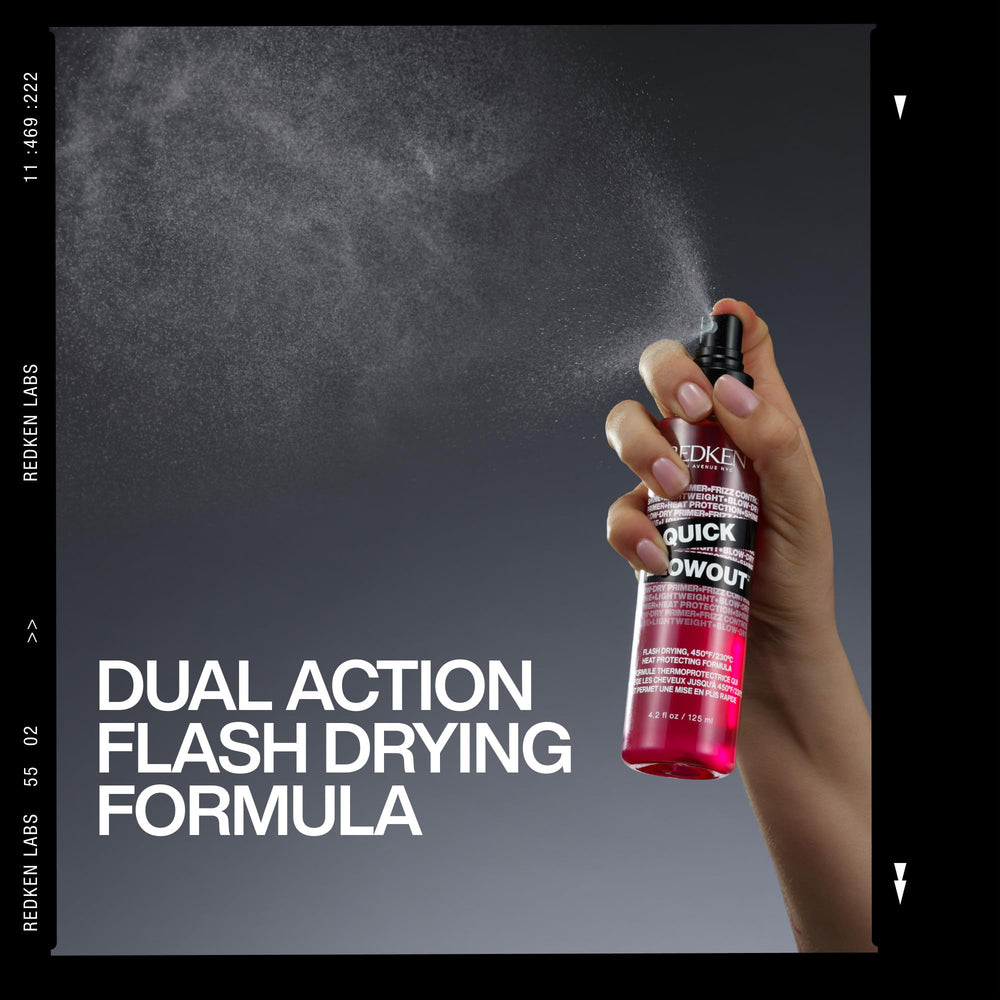 Redken being sprayed on damp hair to show preparation and reduced drying time benefit
