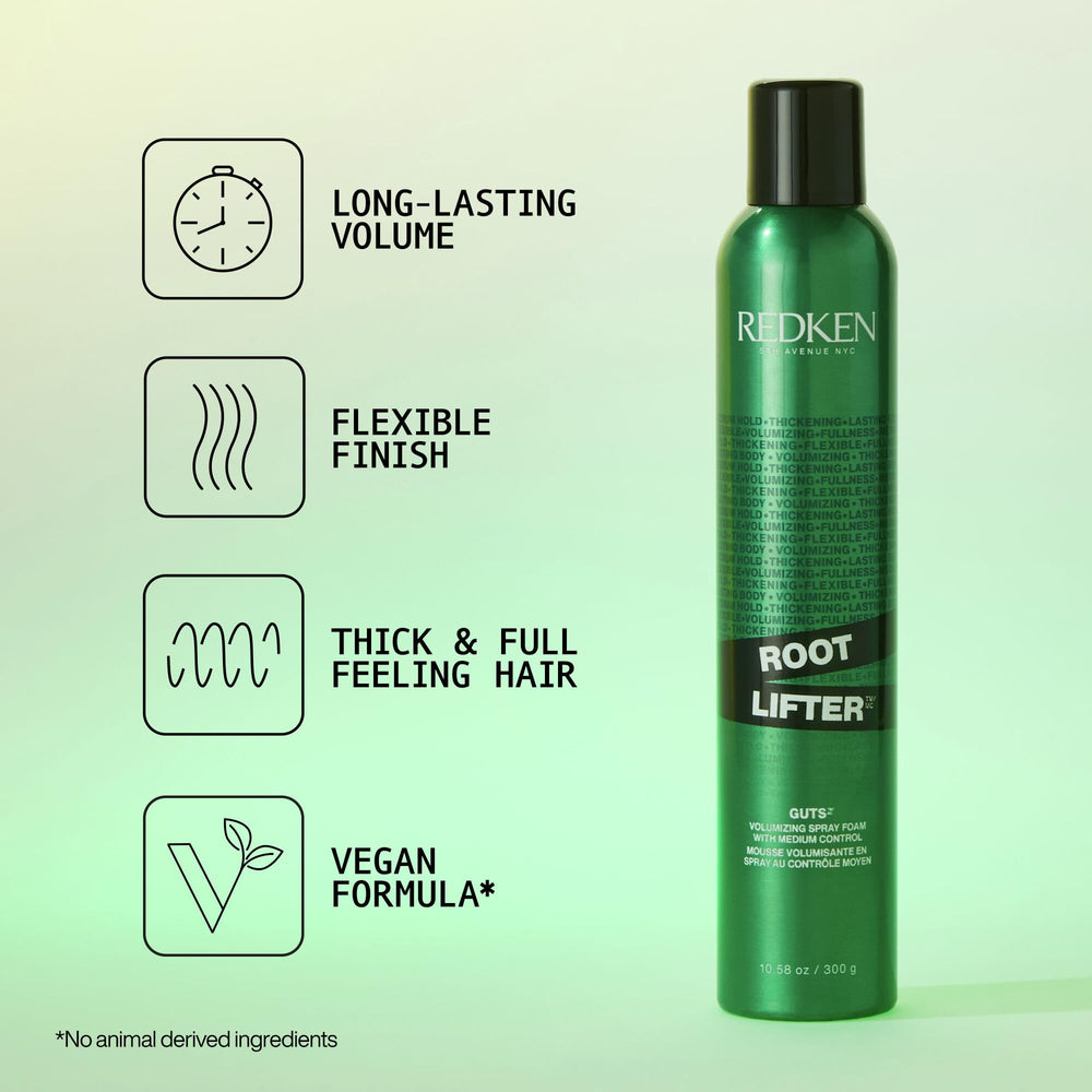 Redken root lifter foam texture on hand illustrating lightweight, buildable volume