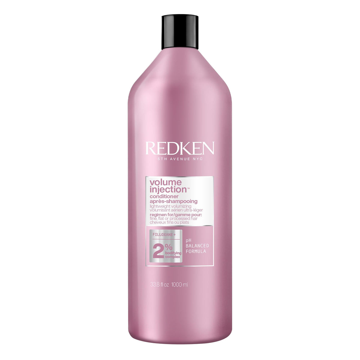 Redken bottle front view showing Volume Injection and professional size benefit