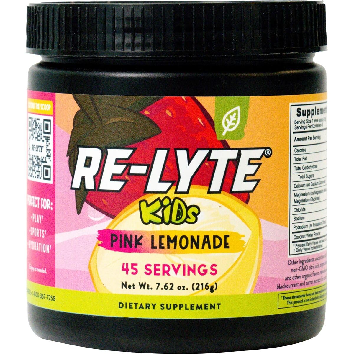 REDMOND front packaging of Re-Lyte Kids Pink Lemonade showing product benefits and size