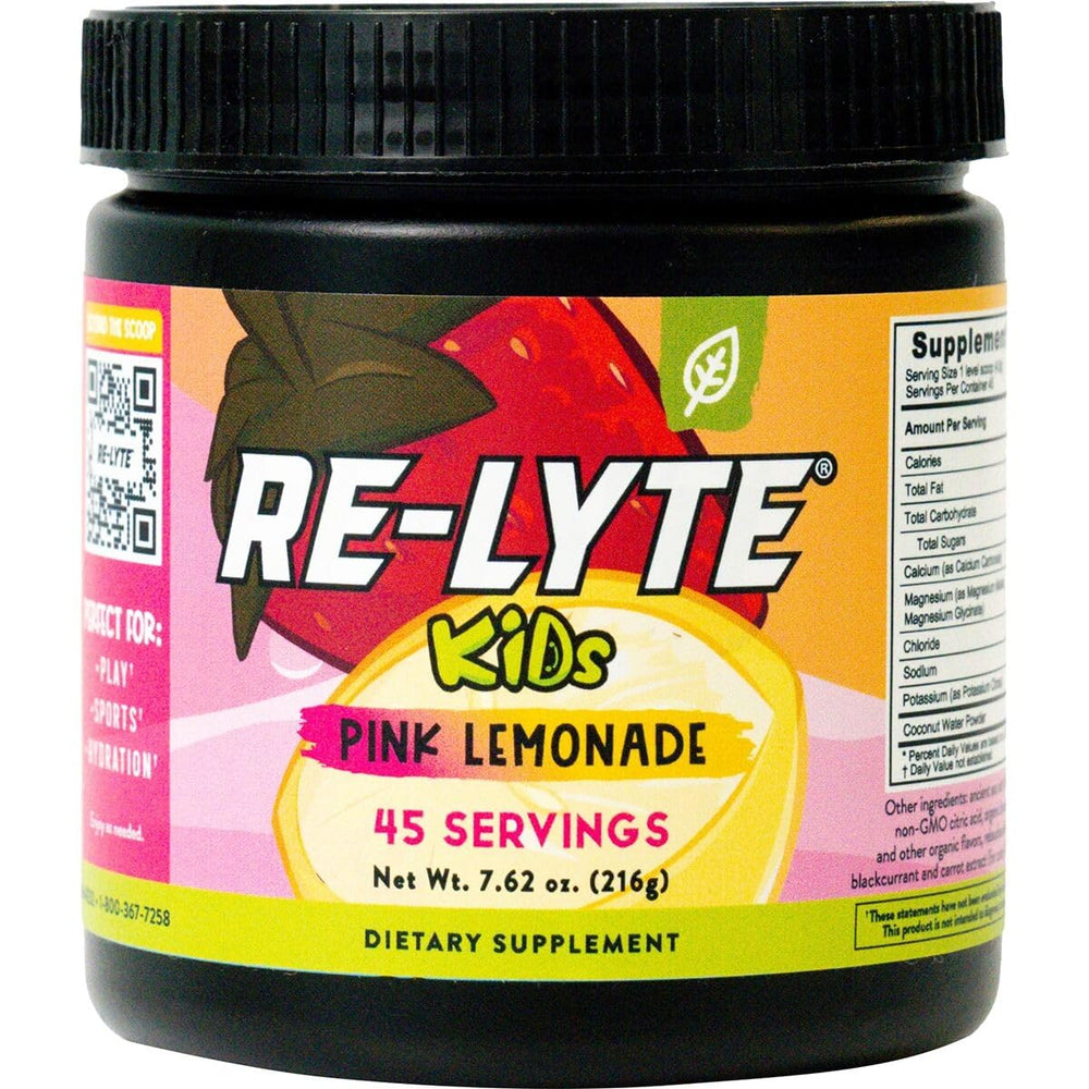 REDMOND front packaging of Re-Lyte Kids Pink Lemonade showing product benefits and size