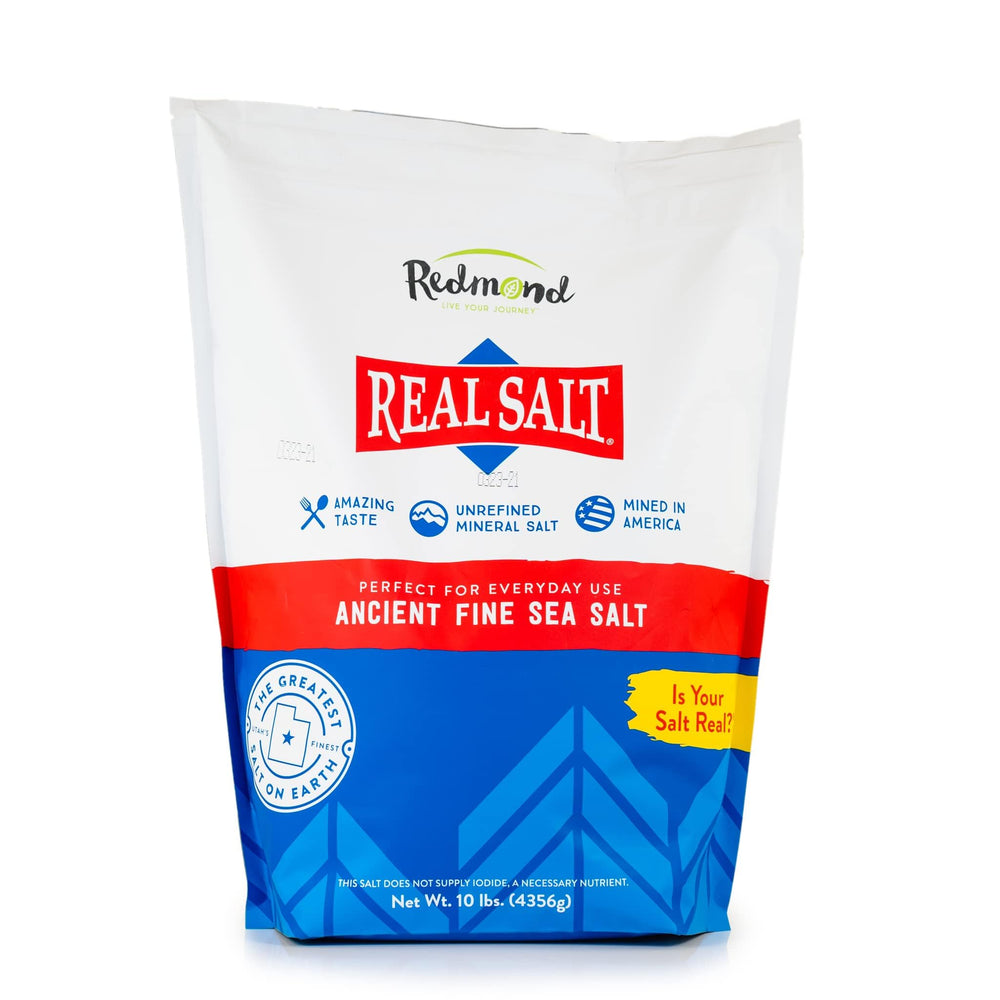 Redmond Real Salt front bag showing brand and 10 lb size, ideal for bulk cooking