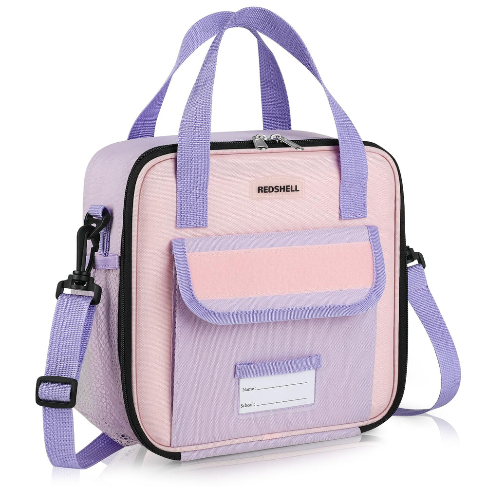REDSHELL front view of purple lunch bag showing roomy compartment and cheerful design benefit: quick visual ID