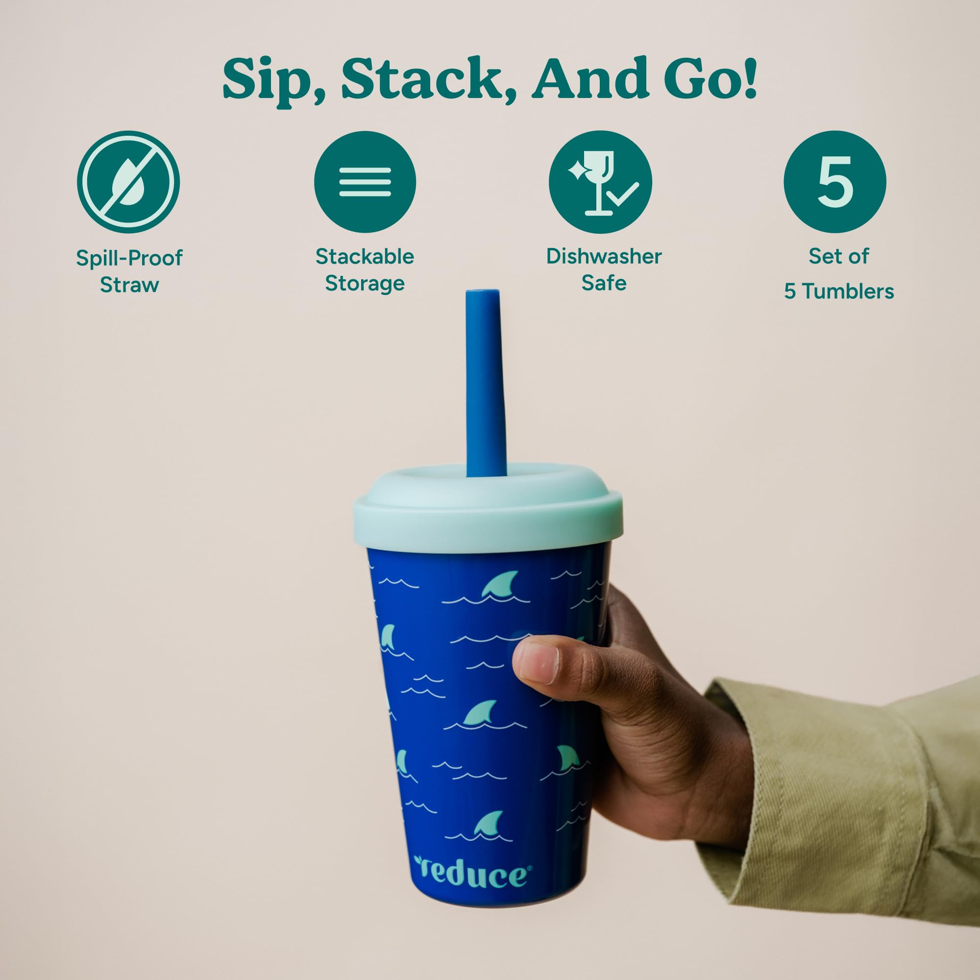 REDUCE close-up of spill-proof straw and secure lid offering leak protection