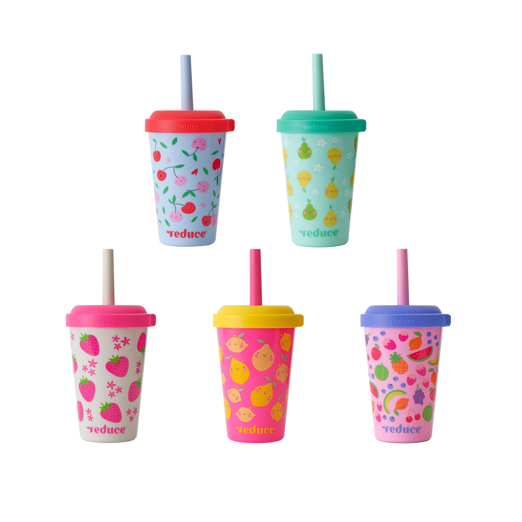 REDUCE GoGo's front view of five colorful 12oz tumblers showcasing portability