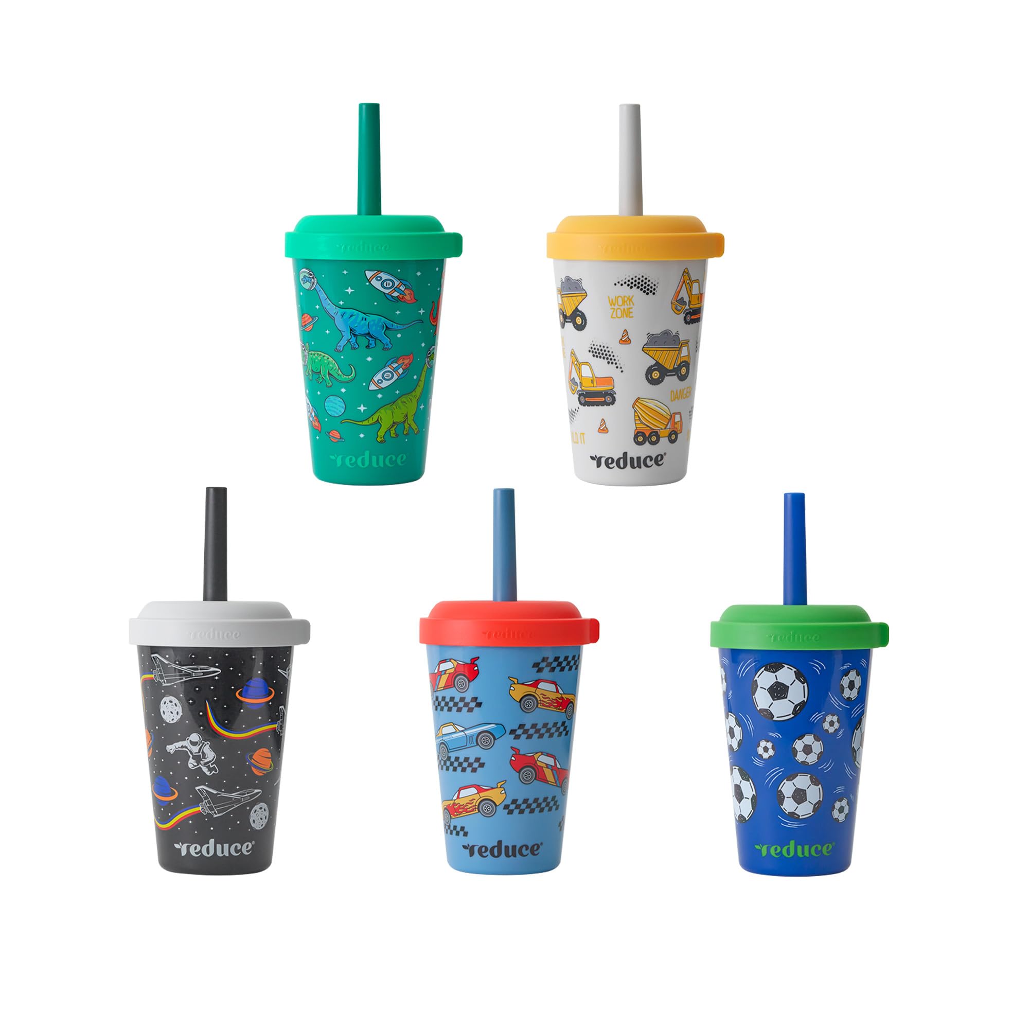REDUCE front pack of five colorful tumblers showing value and readiness