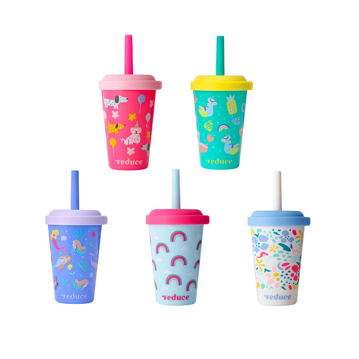 REDUCE front view of five tumblers showing colorful packaging and convenience