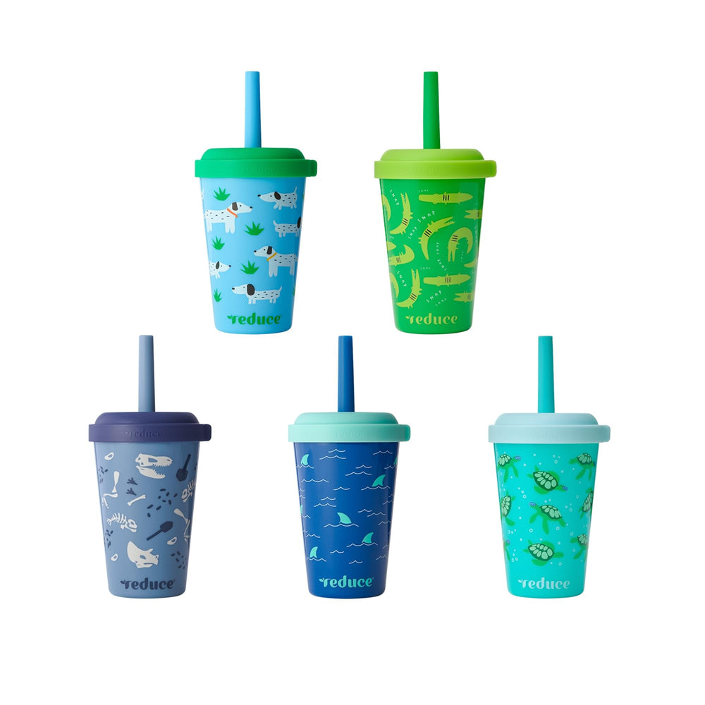 REDUCE GoGo's front view of five colorful tumblers showing benefits of variety