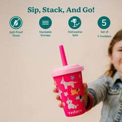 REDUCE detail of reusable straw emphasizing easy sipping and cleaning