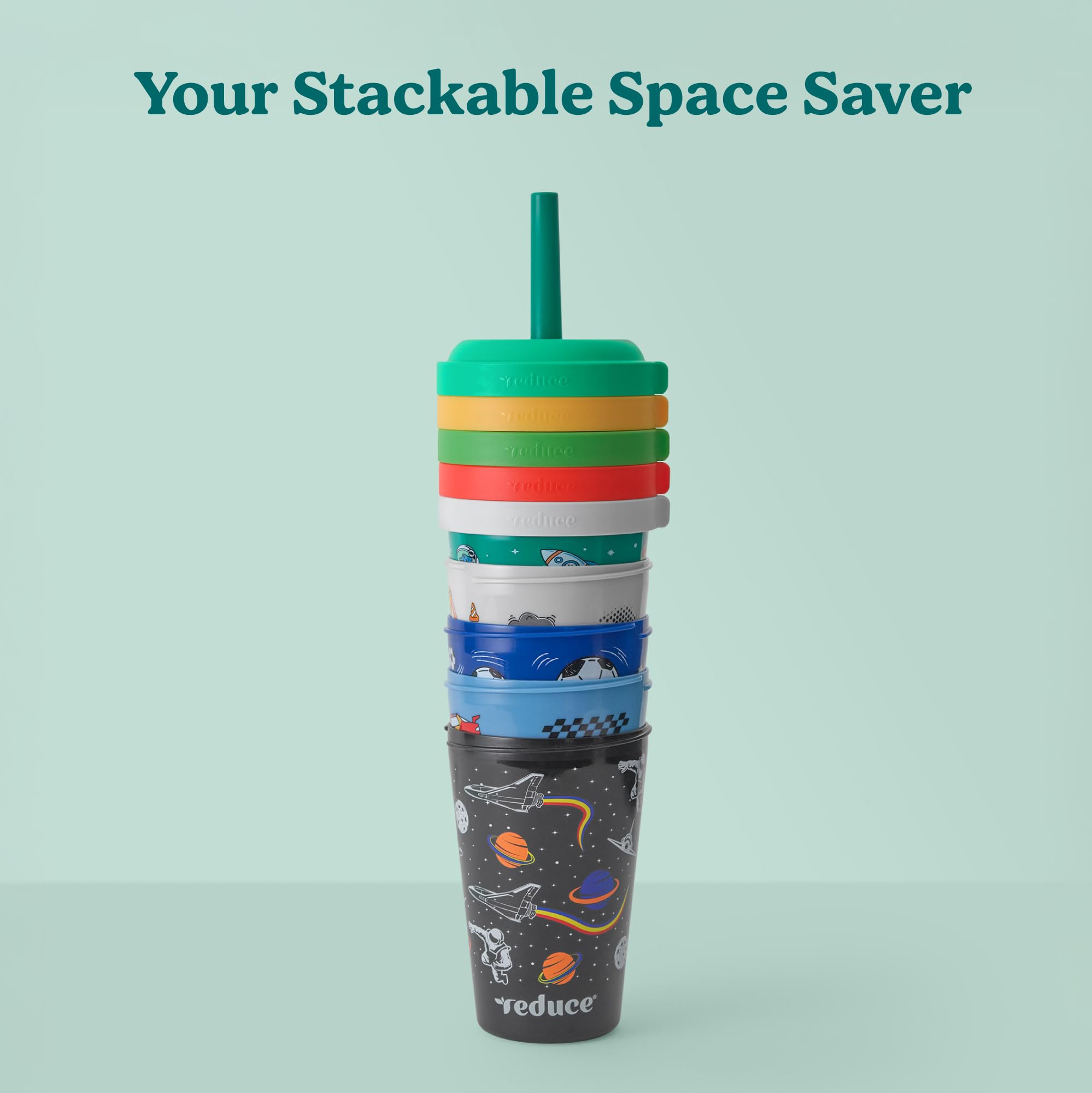 REDUCE top view showing vibrant cup patterns encouraging hydration