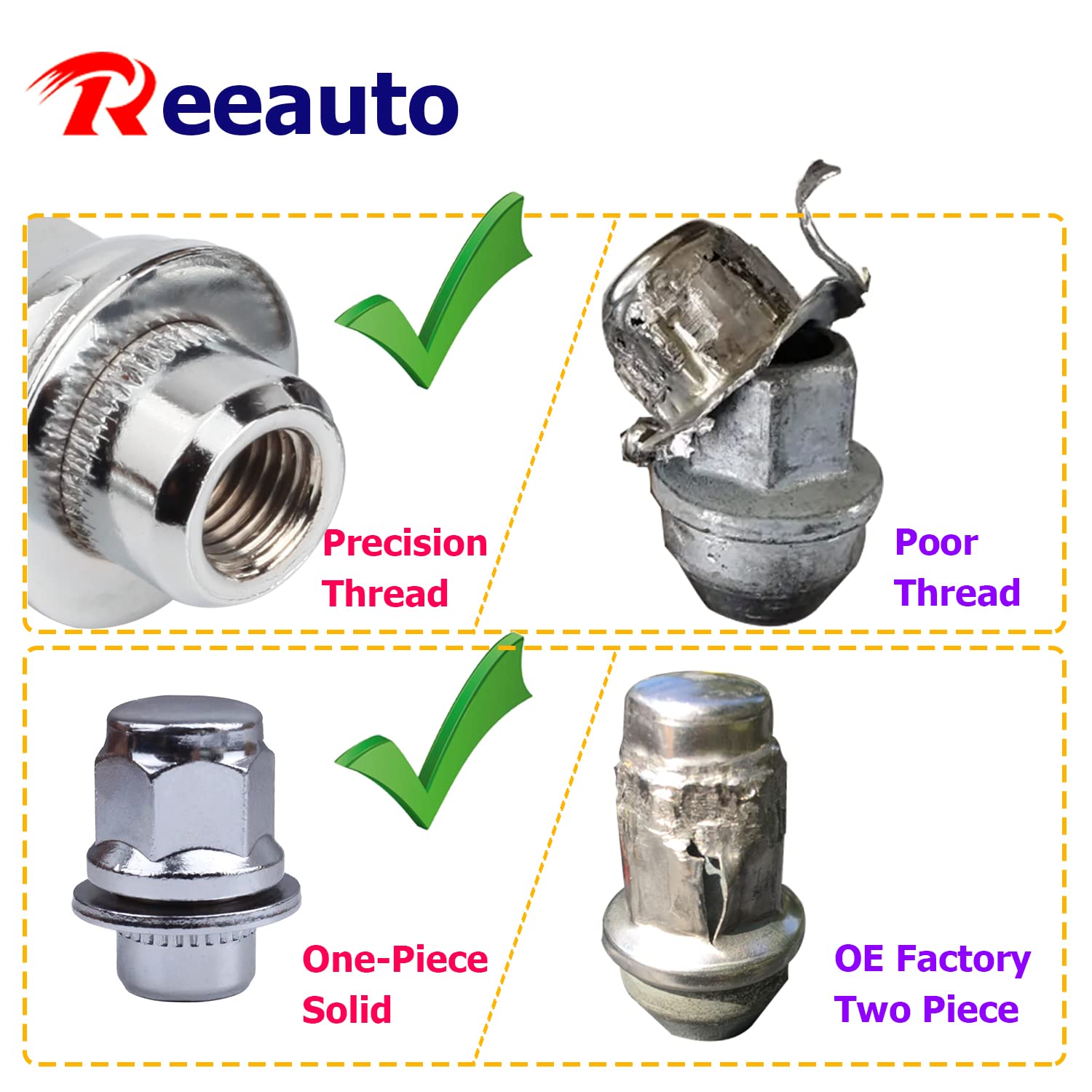 Reeauto lug nut beside ruler showing 1.49 inch overall length for fit verification