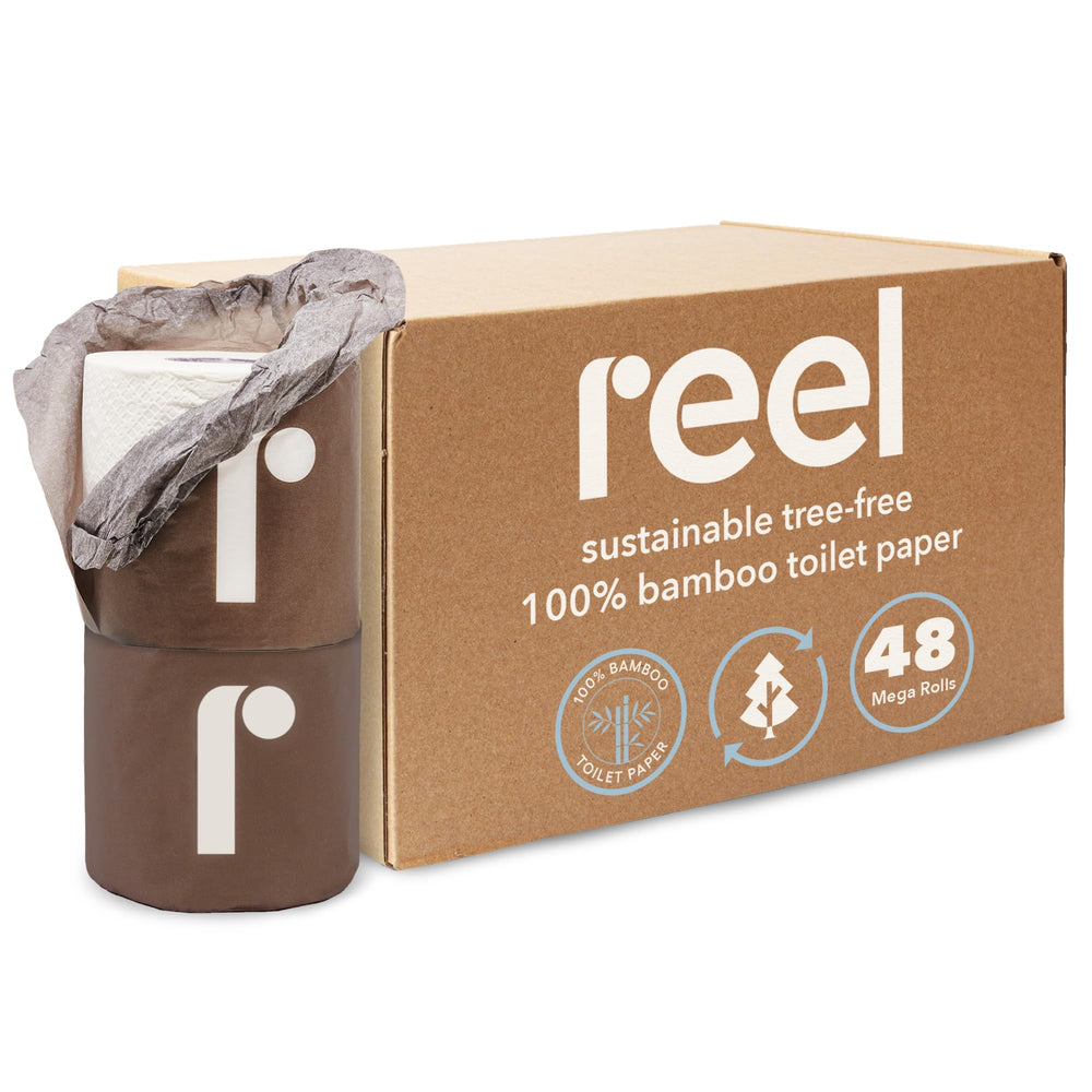 REEL front box showing 48-roll bamboo pack and eco benefits