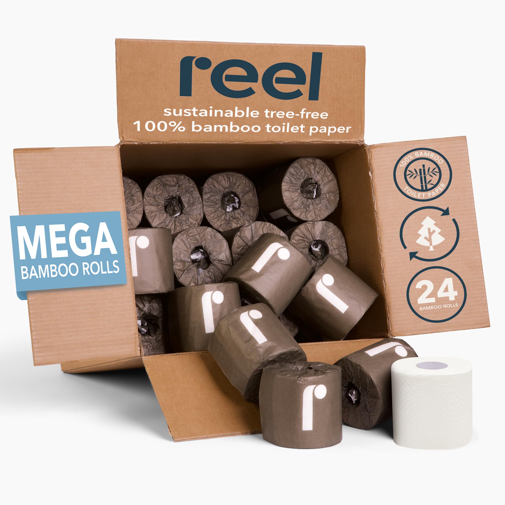 REEL front box view showing 24 rolls and sustainable packaging benefit