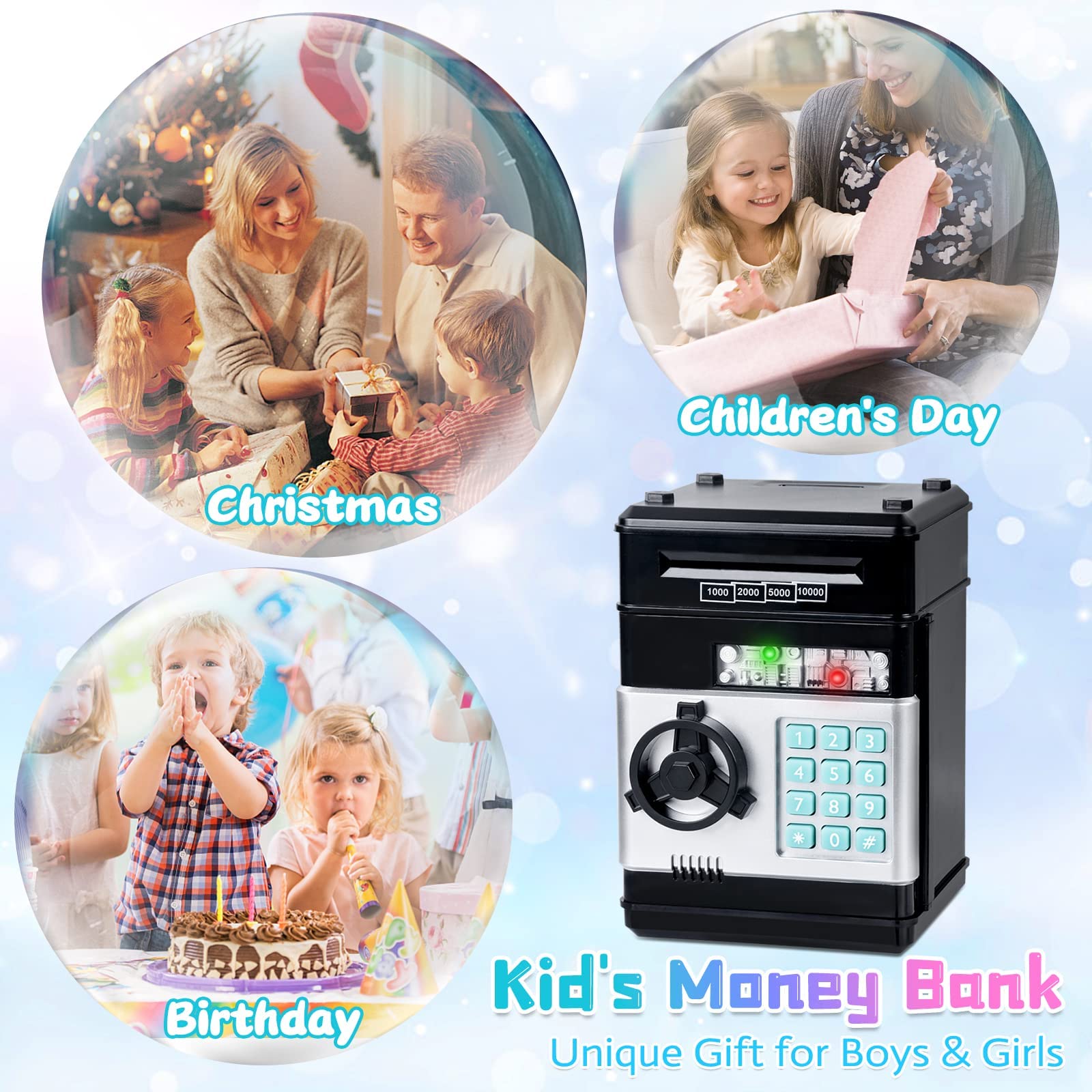 Refasy child using piggy bank at a table showing educational play and habit building