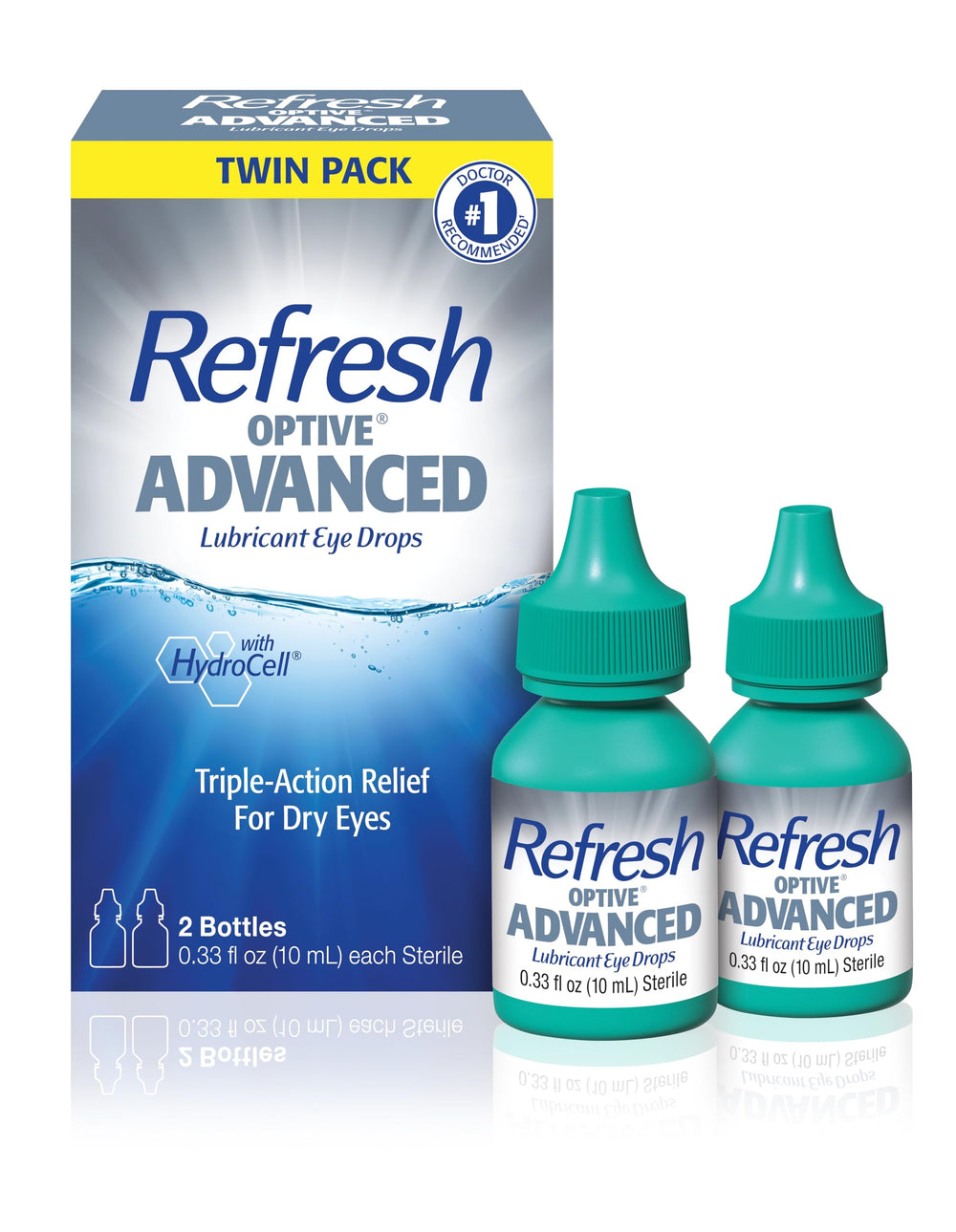 Refresh OPTIVE Advanced front packaging showing twin bottles and benefits