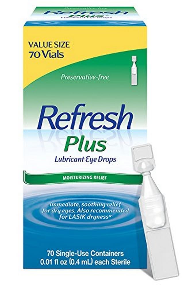 Refresh Plus front packaging showing 70 single-use vials and portability benefit