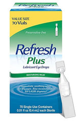 Refresh Plus front packaging showing 70 single-use vials and portability benefit