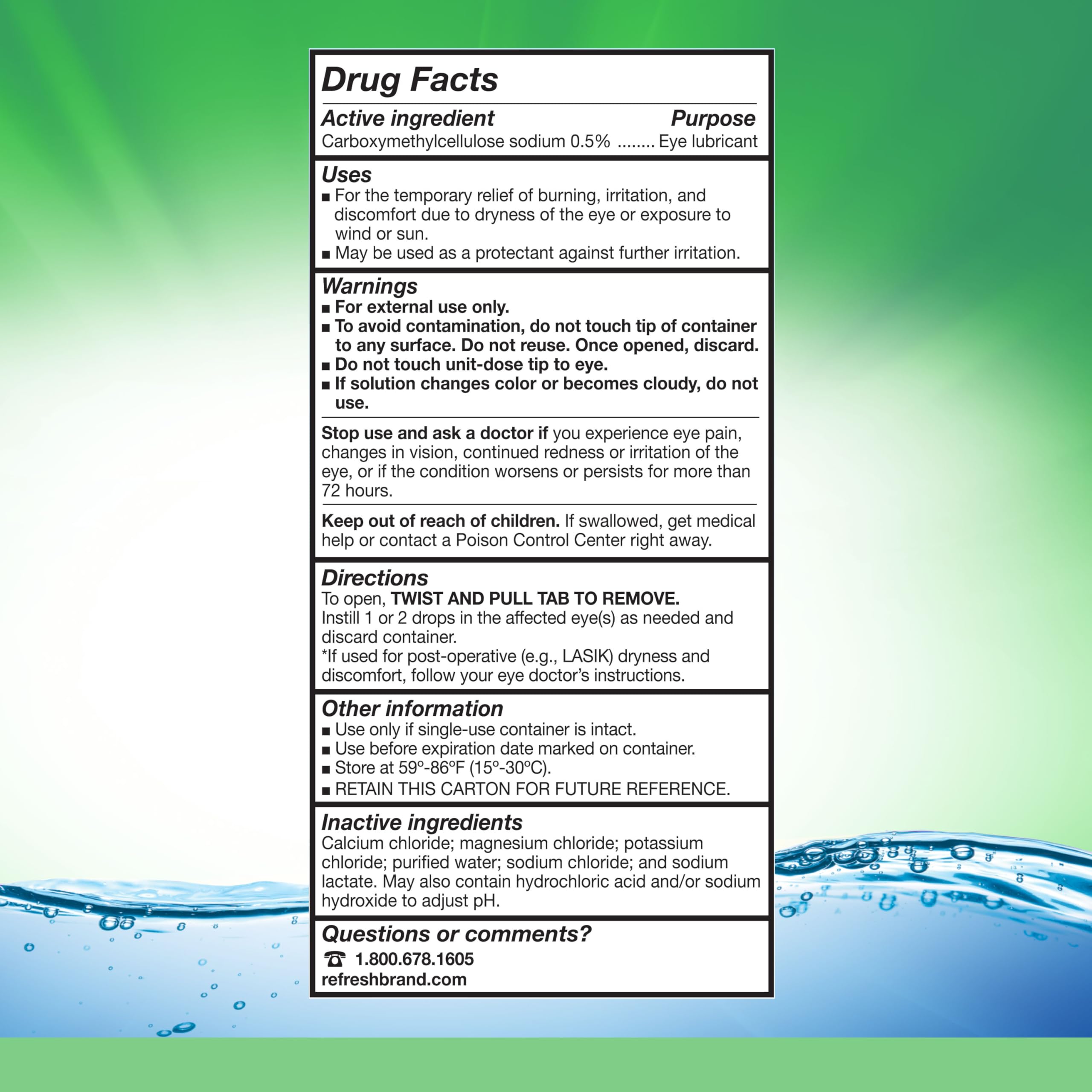 Close-up of Refresh Plus ingredients label showing preservative-free formula clarity