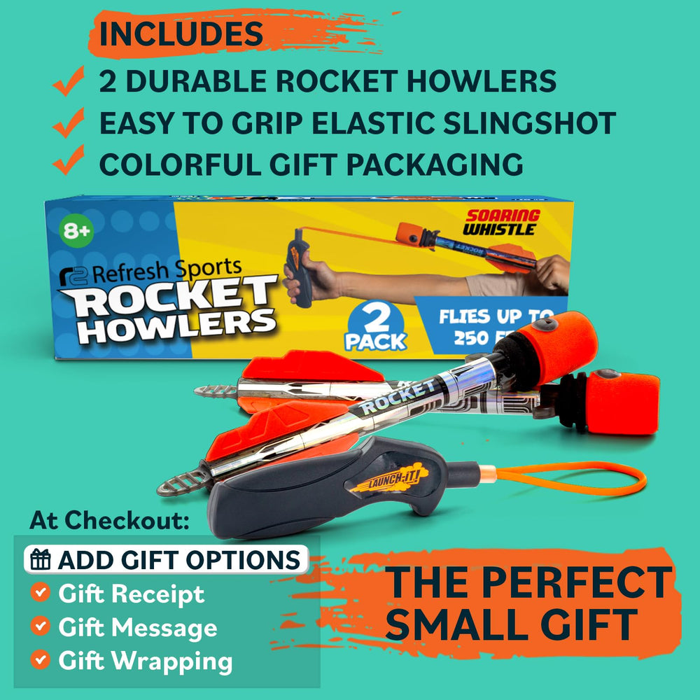 Refresh Sports rocket next to hand for scale showing compact travel size