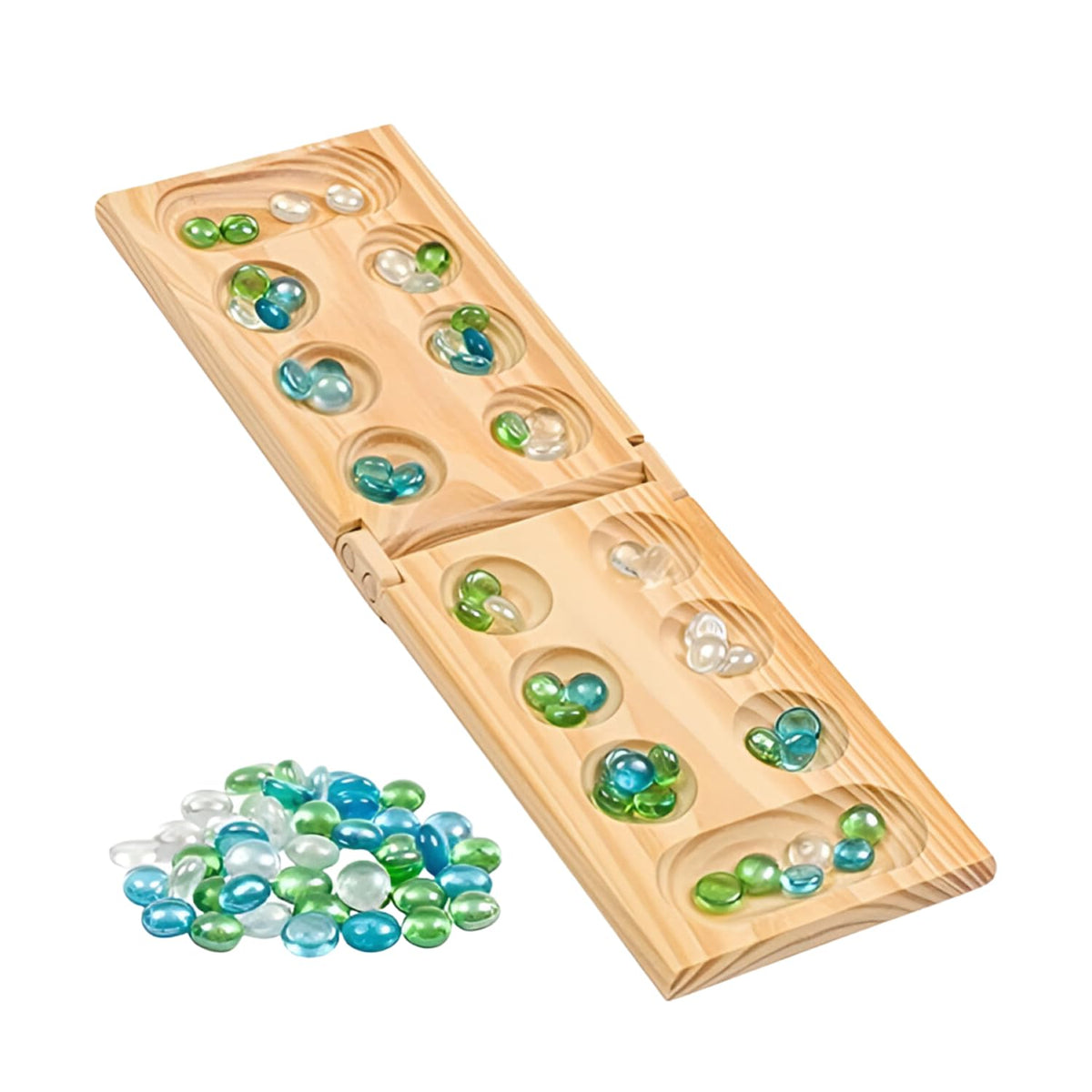 Regal Games mancala front view showing wood board and colorful beads for clear gameplay