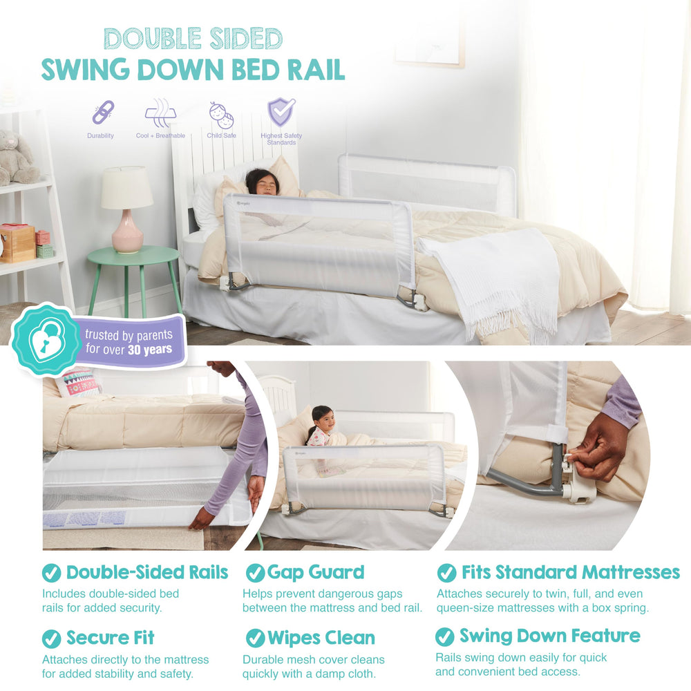 Regalo installed rail side view demonstrating secure coverage on mattress edge