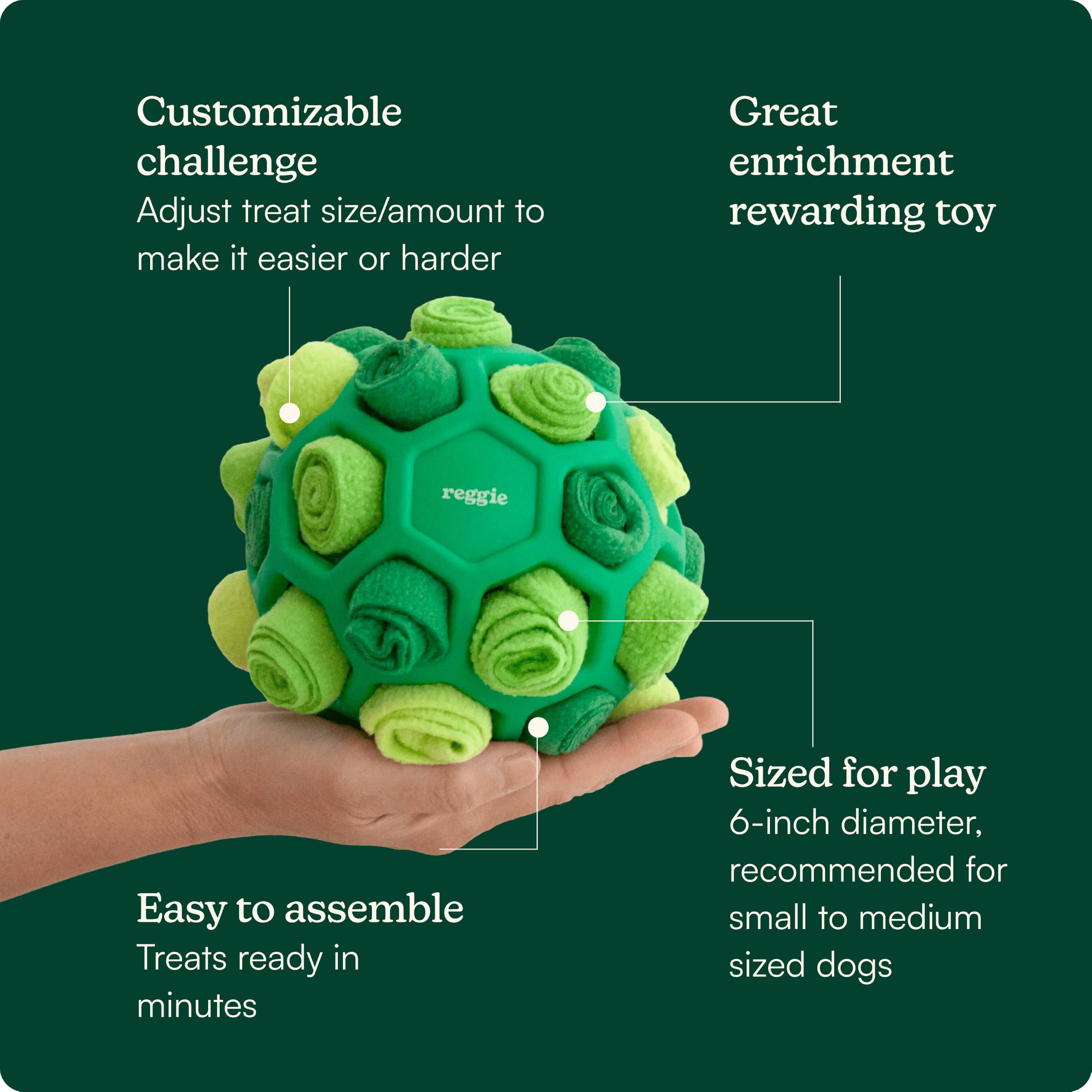 Reggie open snuffle ball with visible kibble demonstrating treat-dispensing design