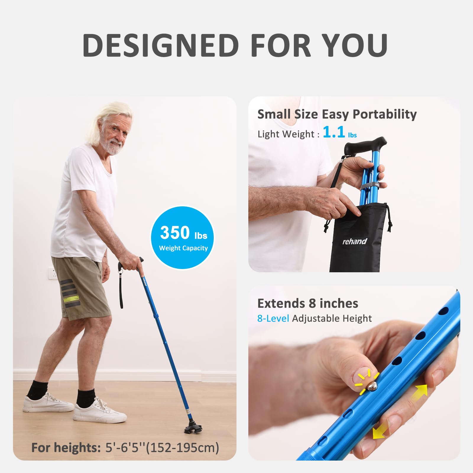 rehand cane adjustment closeup showing push-button height customization