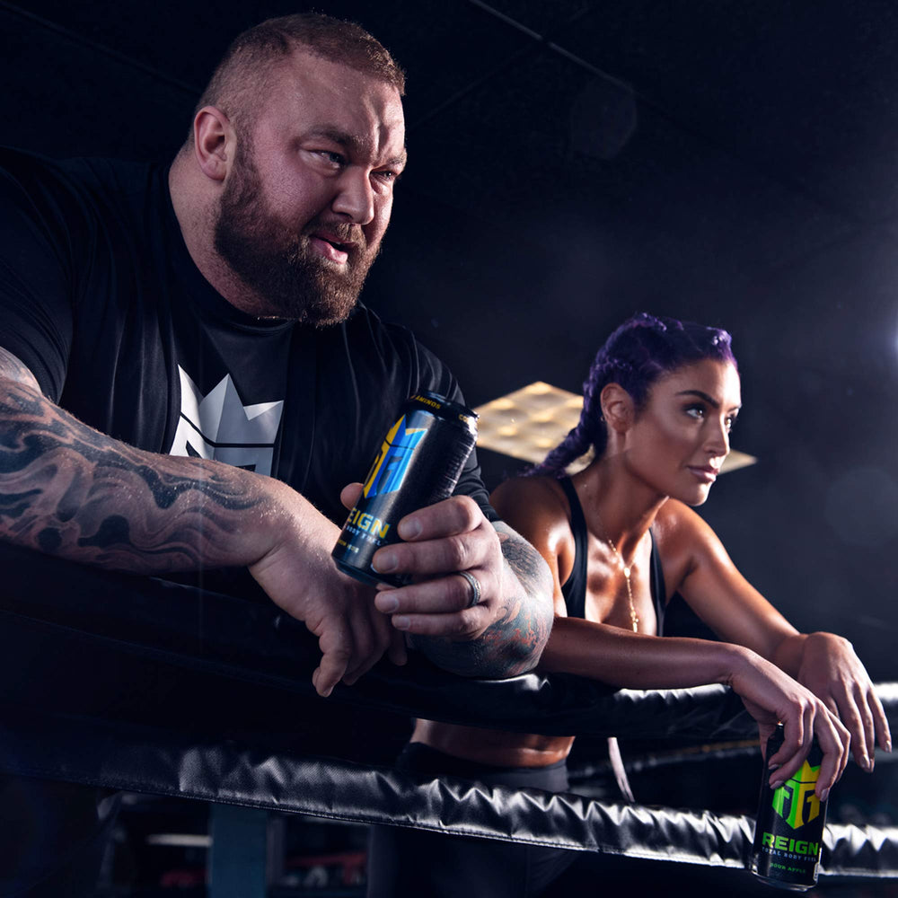 Reign can beside gym gear portraying pre-workout convenience and on-the-go energy