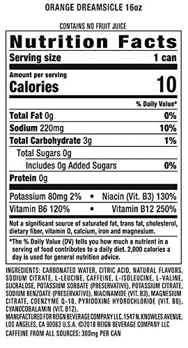 Reign can side label highlighting ingredients list and performance-focused formula