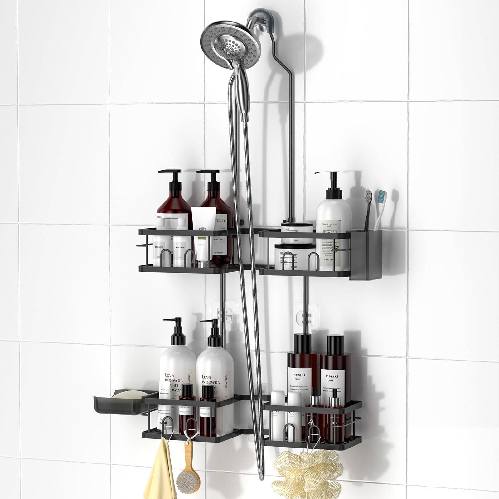 REINHARDT front view of hanging shower caddy showing neat storage and easy access