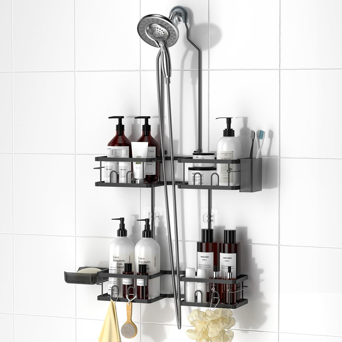 REINHARDT front view of hanging shower caddy showing neat storage and easy access